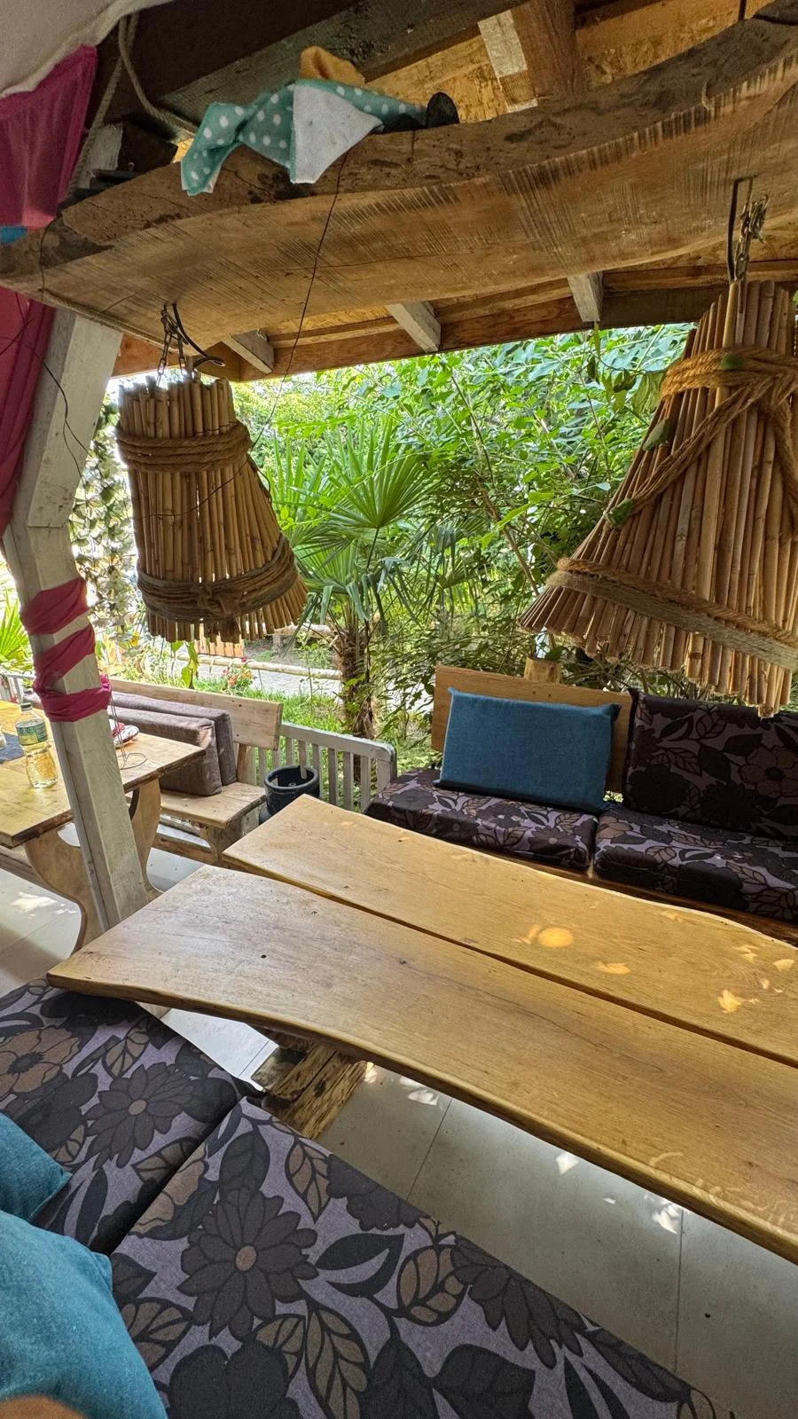 Cozy terrace corner with wooden tables